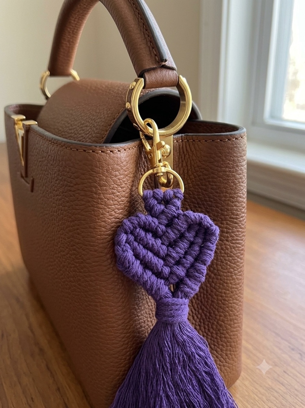 HANDCRAFTED Macrame Heart purple Bag Charm Keychain Bohemian Purse Jewelry NEW